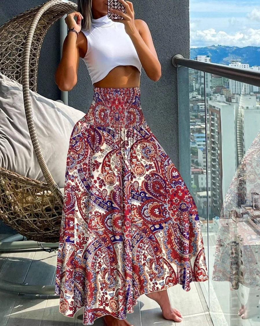 Vintage Flower Printed Skirt Women 2025 Summer New Fashion Casual