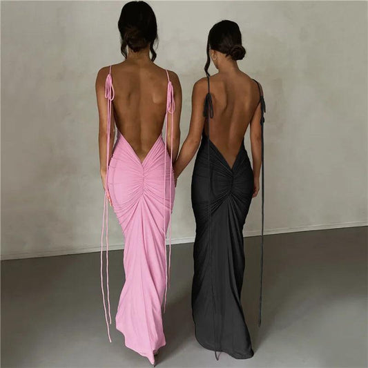 Summer sexy pleated solid color strap with perspective high slit backless