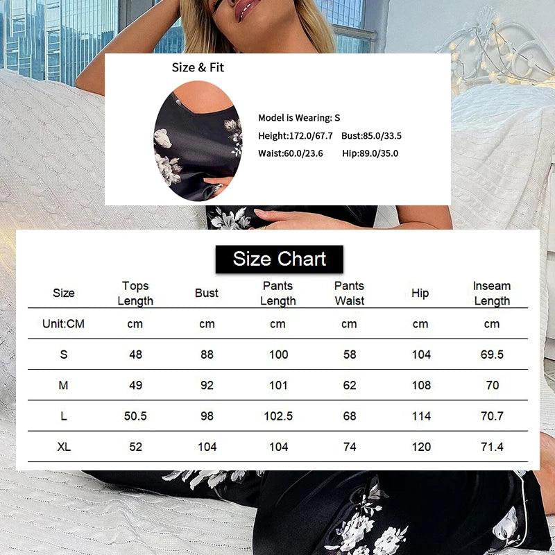 طقم بيجامة نوم نسائية صيفي أنيق من الساتان بطبعة زهور ورقبة على شكل حرف V بدون ظهر