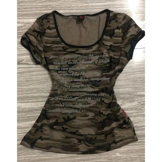 Summer Short Sleeve Tshirts Fashion Camouflage Print Stretch Slim Fit O-neck Casual Top Women 2025