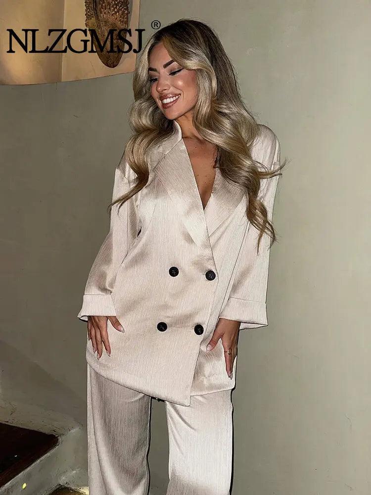 Blazer Coat Pants Set Long Sleeve Double Breasted Blazer + Wide Leg Trousers Lady Office