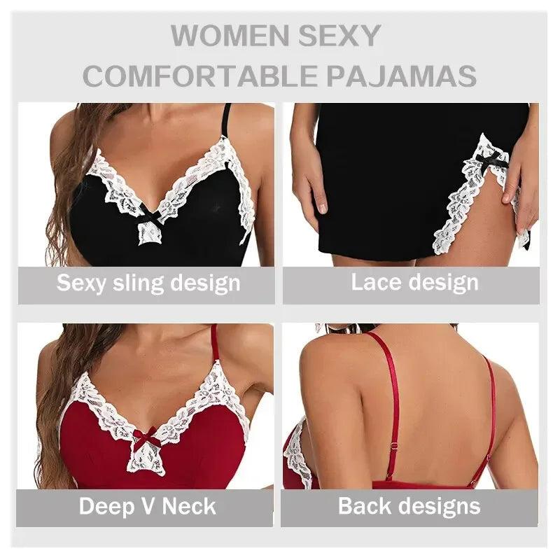 قميص نوم مثير من الدانتيل مع فيونكة وملابس نوم