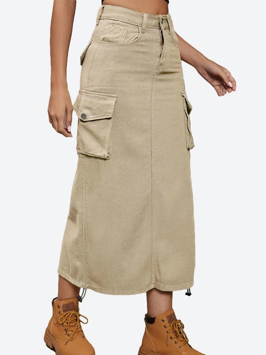 Drawstring Cargo Jean Skirt Fashion Vintage High Waist Straight Long Denim Skirts