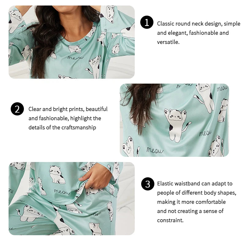 Women's Cute Pajamas Set Green Cat Print Long Sleeve Top & Pants