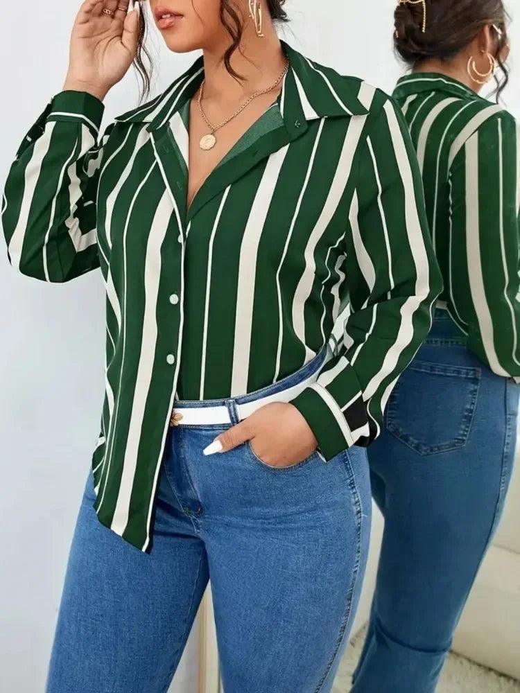 2025 Big Size New Women's Striped Printed Temperament Commuter Shirt Slim Women's Shirt