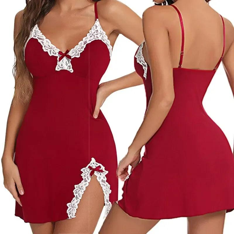 قميص نوم مثير من الدانتيل مع فيونكة وملابس نوم