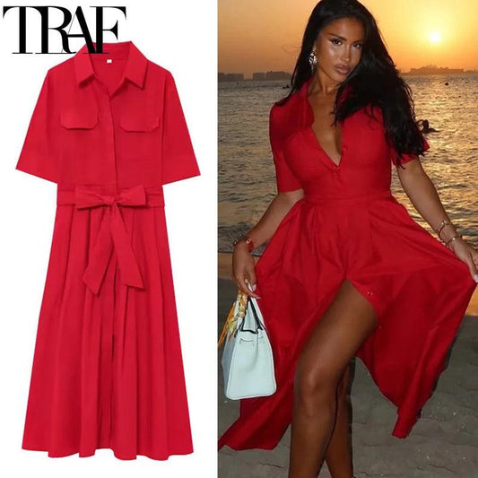 Shirt Midi Dresses 2025 Woman Summer Short Sleeve Red Long Pleated Collared Holiday Casual
