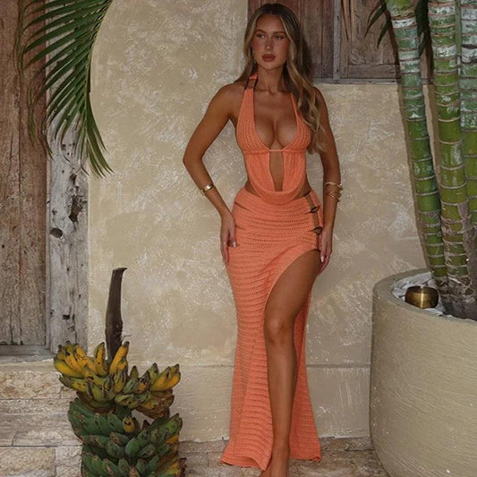 Solid Color Knitted Beach Two Piece Set 2025 Summer Fashion Halter Lace-up