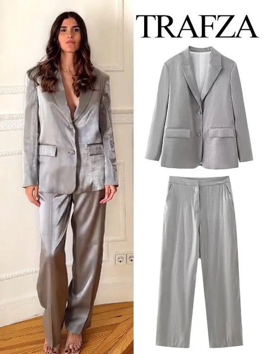 TRAFZA Women Fashion Suits Silver Turn-Down Collar Long Sleeves Pockets Single Breasted Blazer+High Waist Zipper Long Pants