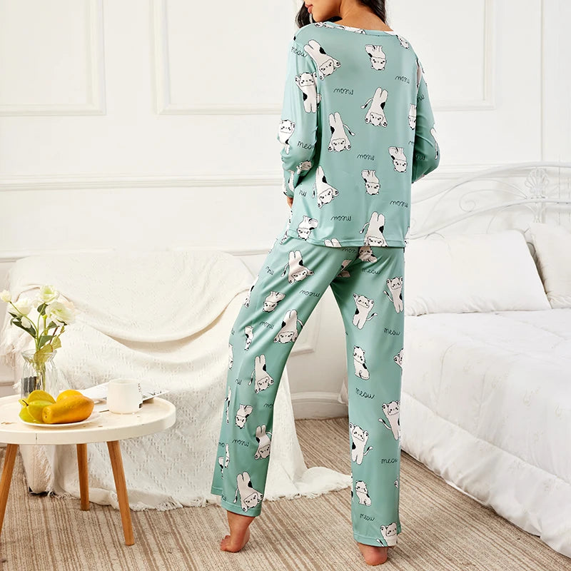 Women's Cute Pajamas Set Green Cat Print Long Sleeve Top & Pants