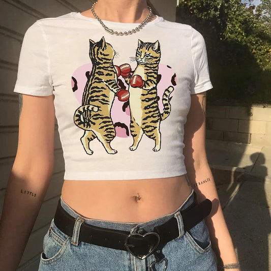 summer trendy cool cute punching cat print casual