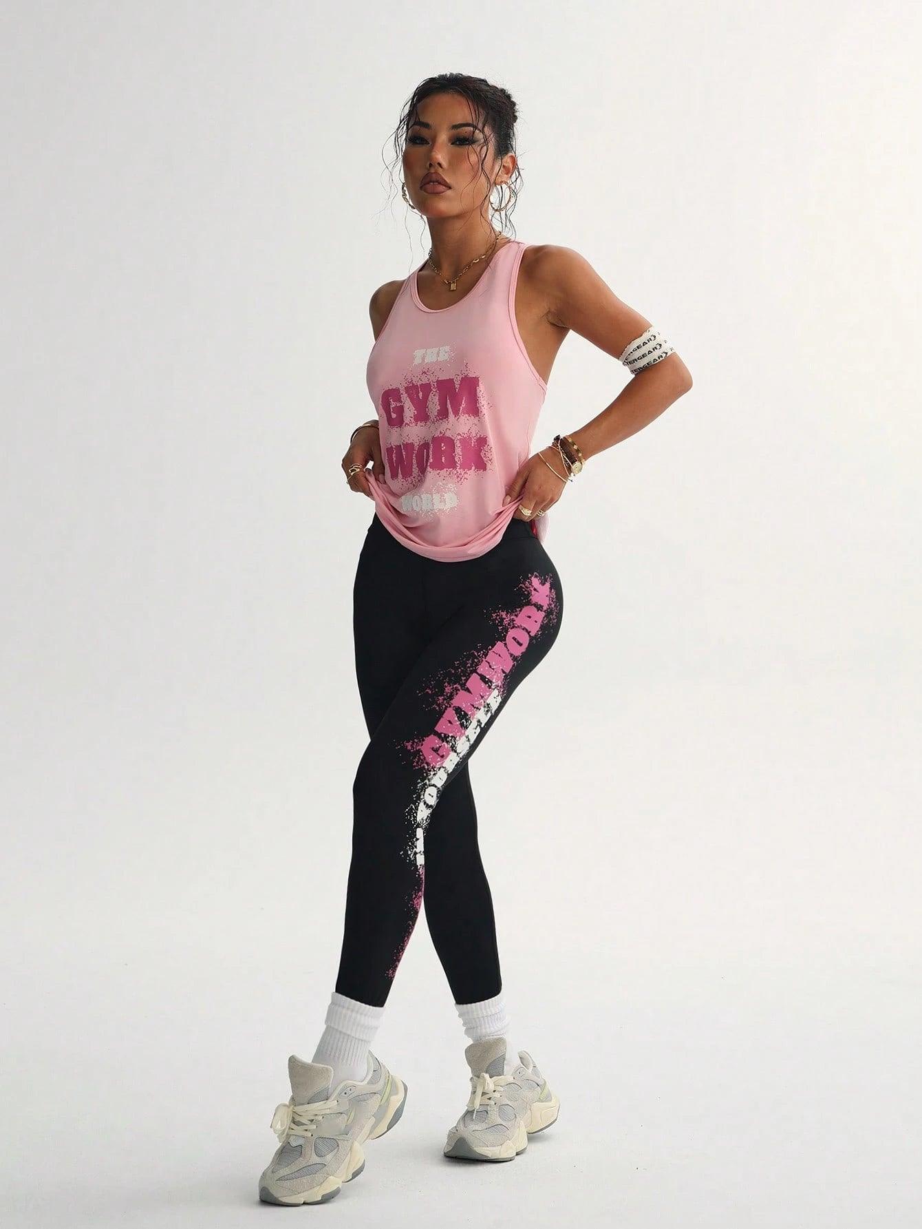 2Pcs Sports Set, Includes Car Style Top and Slogan Printed Leggings
