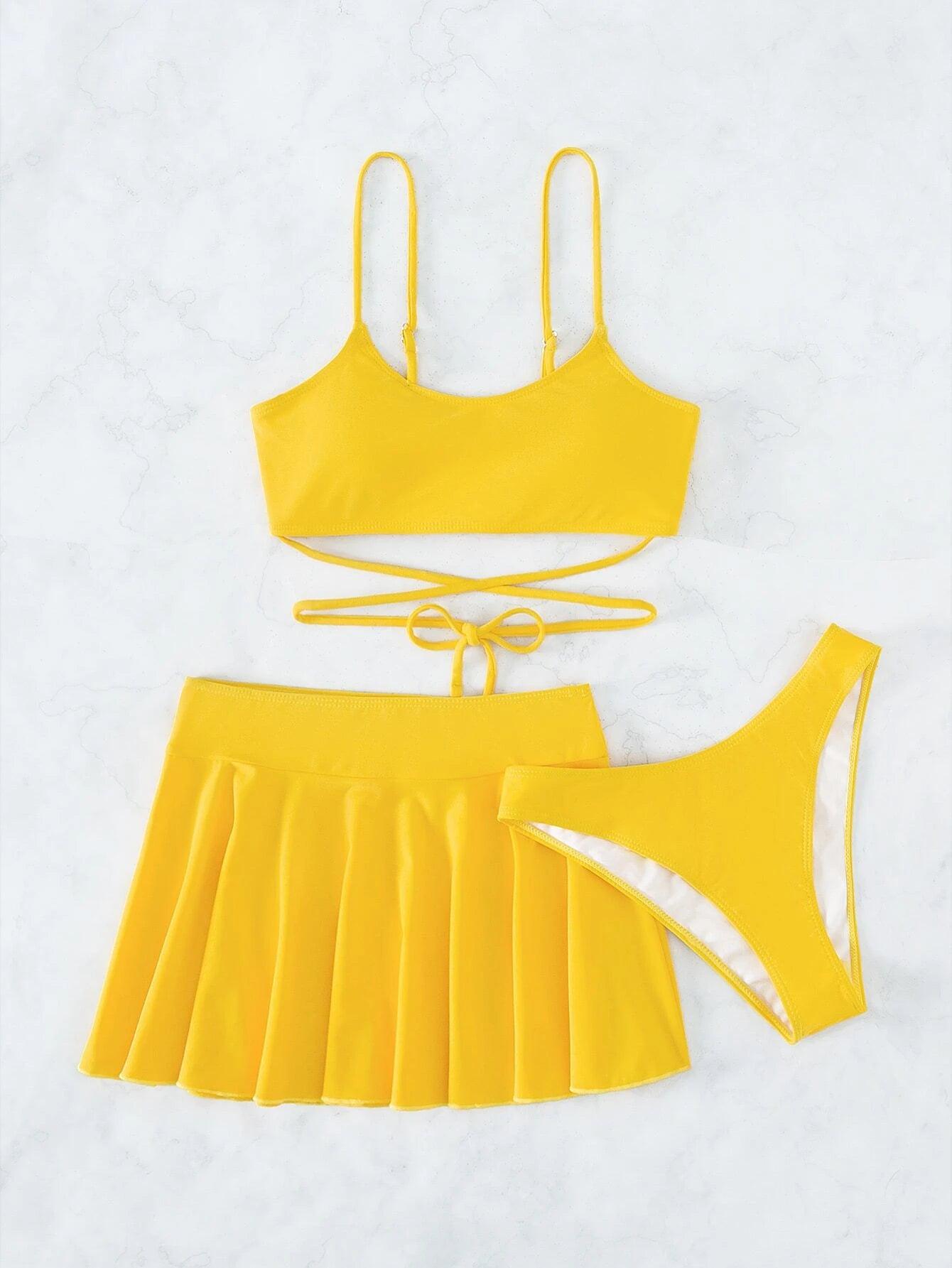 Swim Summer Beach Plain Bikini Set with Beach Skirt