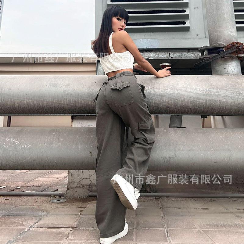Grey Leisure Belt Multi-pocket cargo jeans pants Women