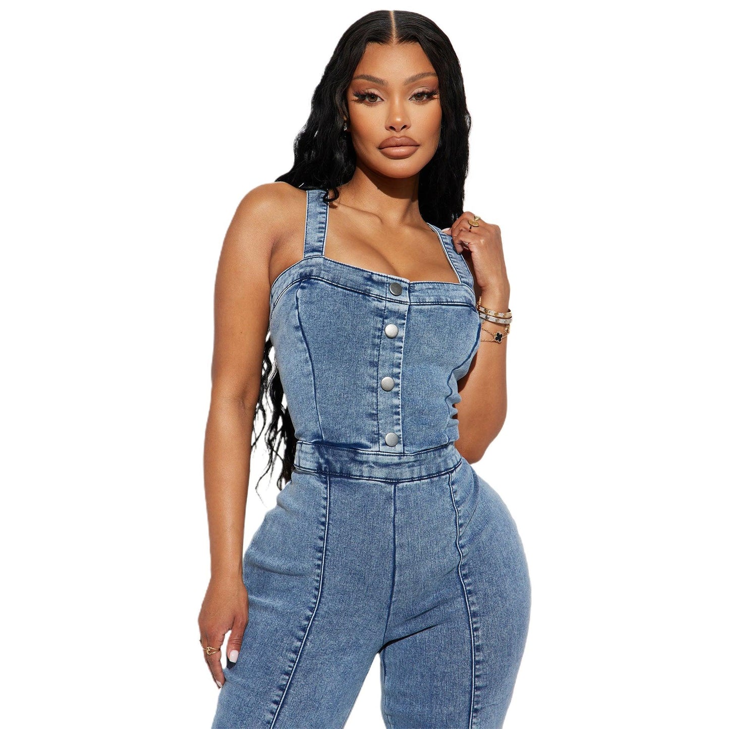 Women's fashion casual  suspenders denim rompers wide leg pants flared pants