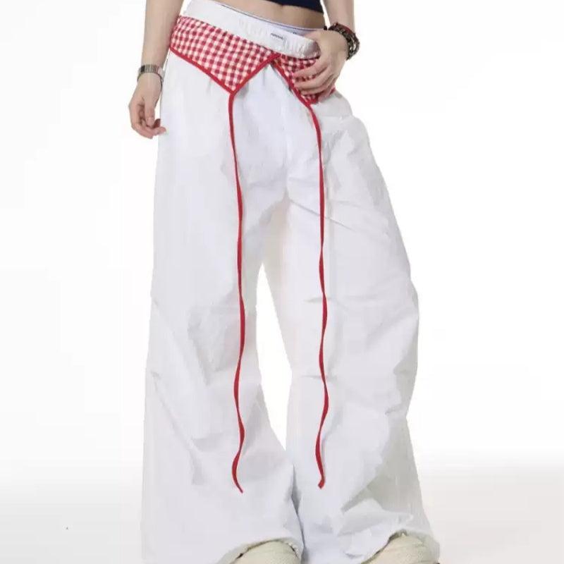 Retro Spicy Girl Plaid Stitching Design Wide-leg Pants For Women