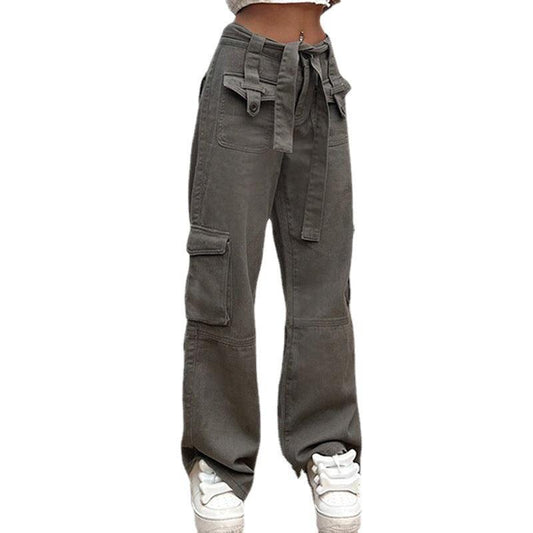 Grey Leisure Belt Multi-pocket cargo jeans pants Women