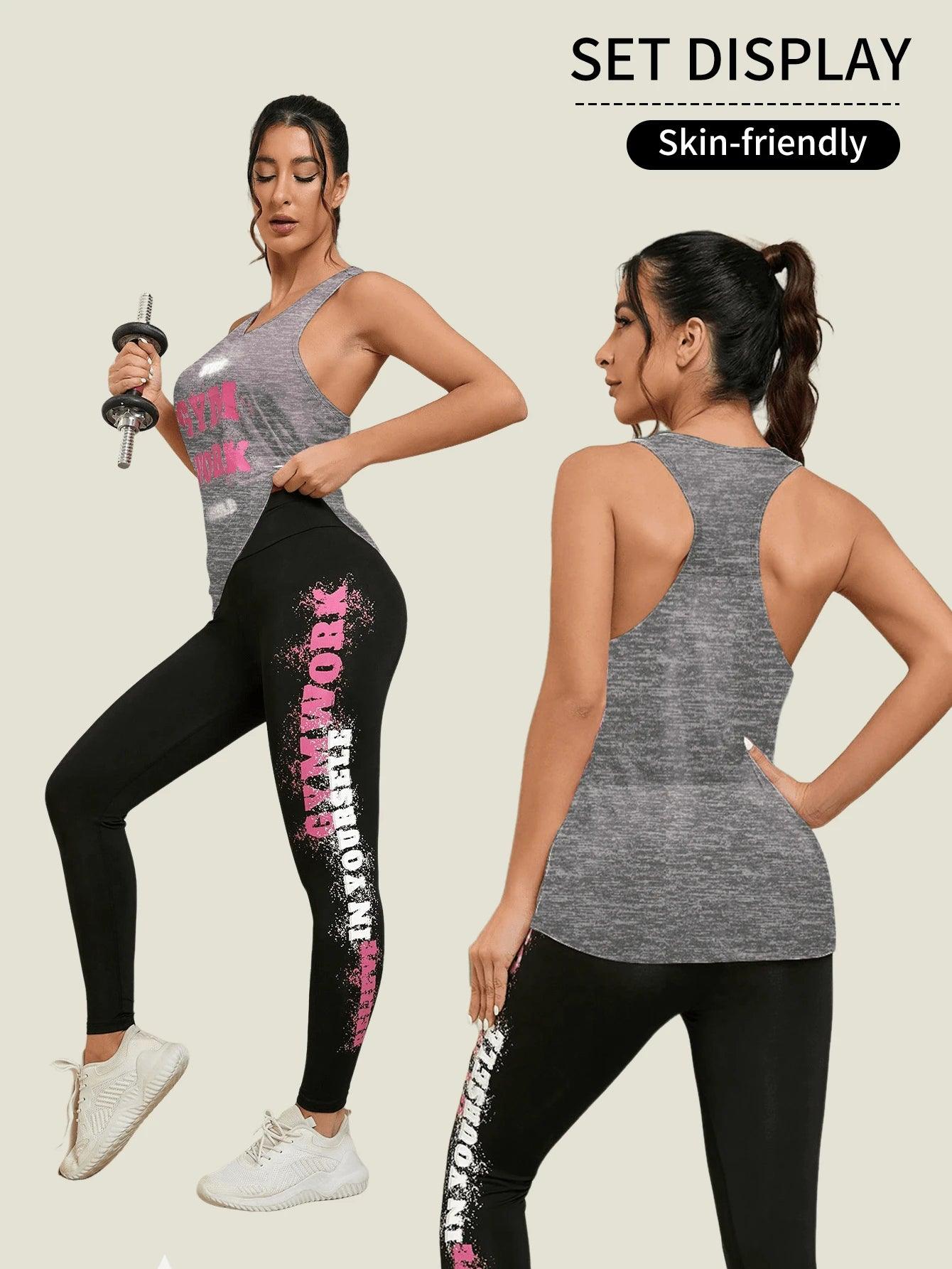 2Pcs Sports Set, Includes Car Style Top and Slogan Printed Leggings