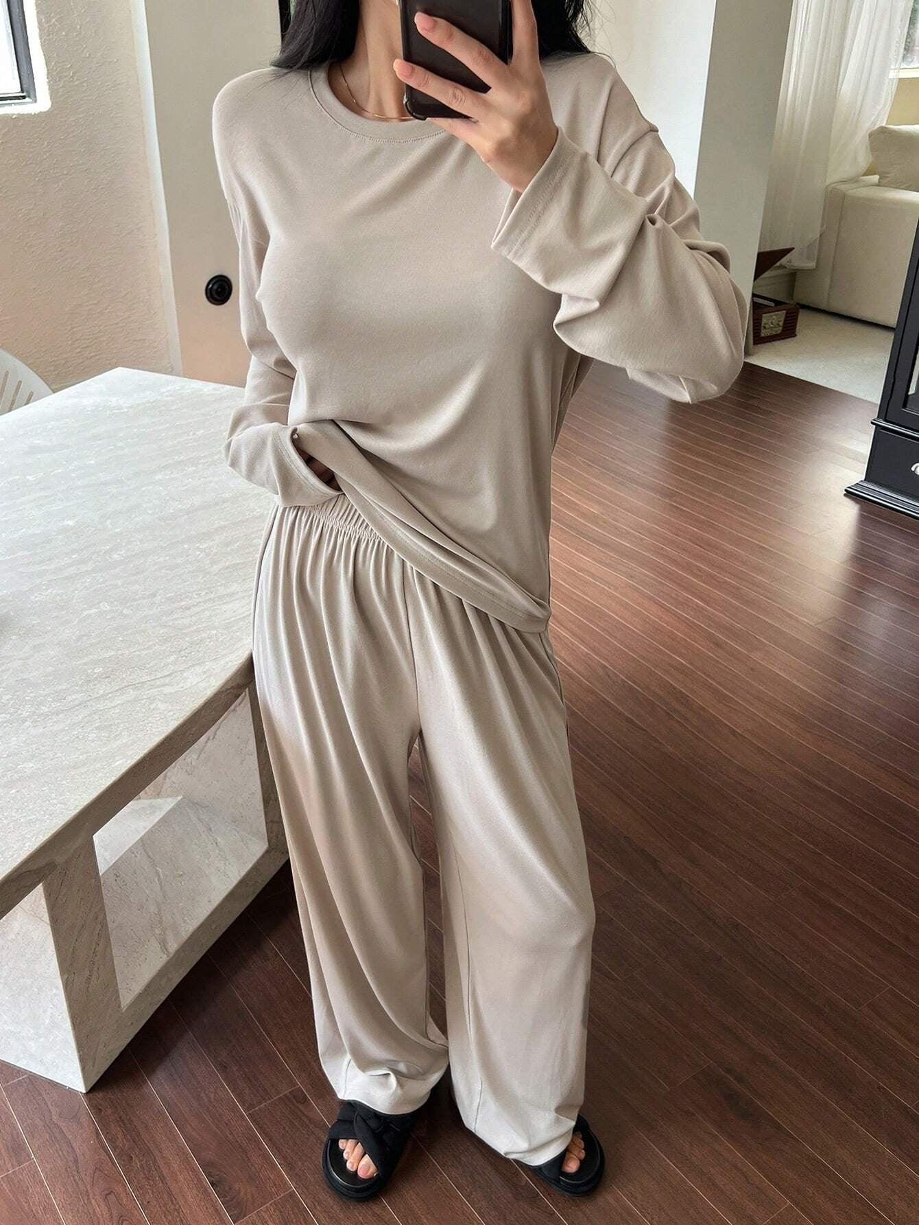 DAZY Women's Solid Color Round Neck Dolman Sleeve Top and Pants Casual Lounge Set