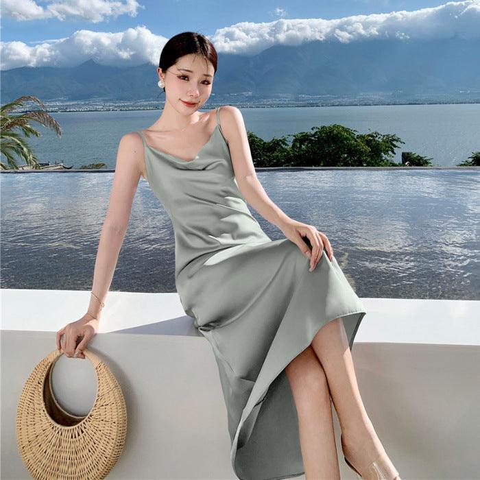 فستان صيفي بدون أكمام من الحرير والساتان الأسيتات