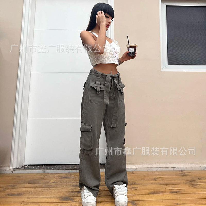 Grey Leisure Belt Multi-pocket cargo jeans pants Women