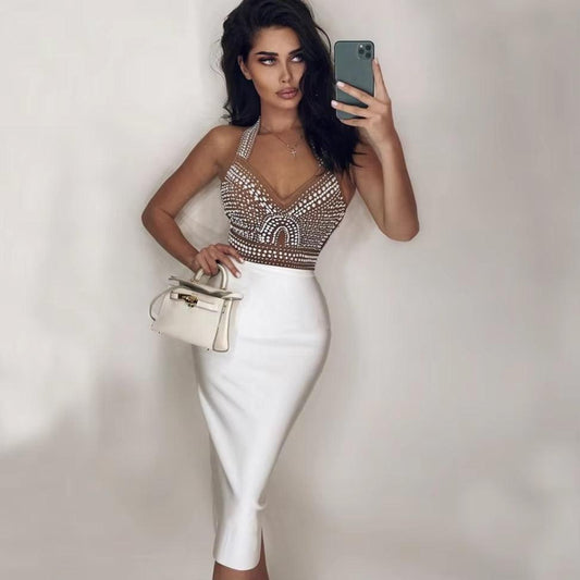 Elegant Black and White Sleeveless V-Neck Beaded Bandage Dress for Evening Events and Parties