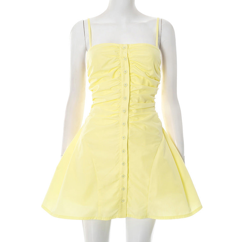 Solid Color Sling Buckle Pleated A- Line Dress