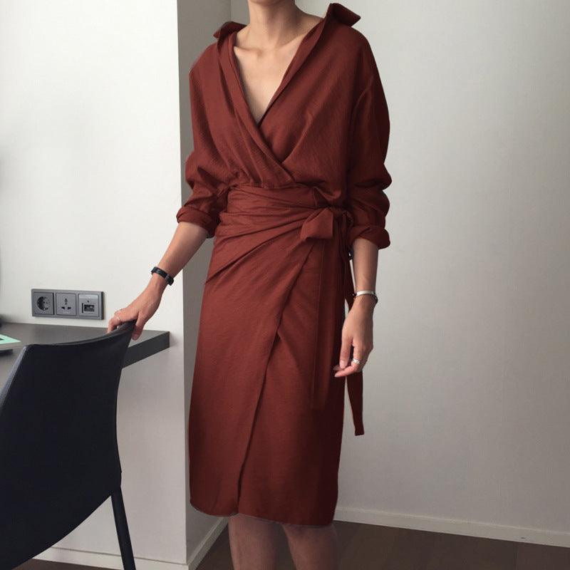 Women's irregular hip wrap strap V-neck long sleeve solid color dress