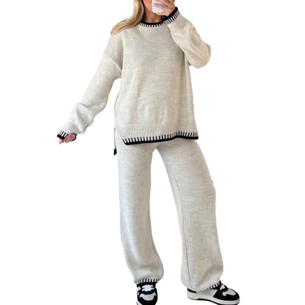 2023 Aliexpress Cross Border Long Sleeve Brown Temperament Wide Leg Pants Fashion Loose High Neck Casual Two Piece Sweater Set