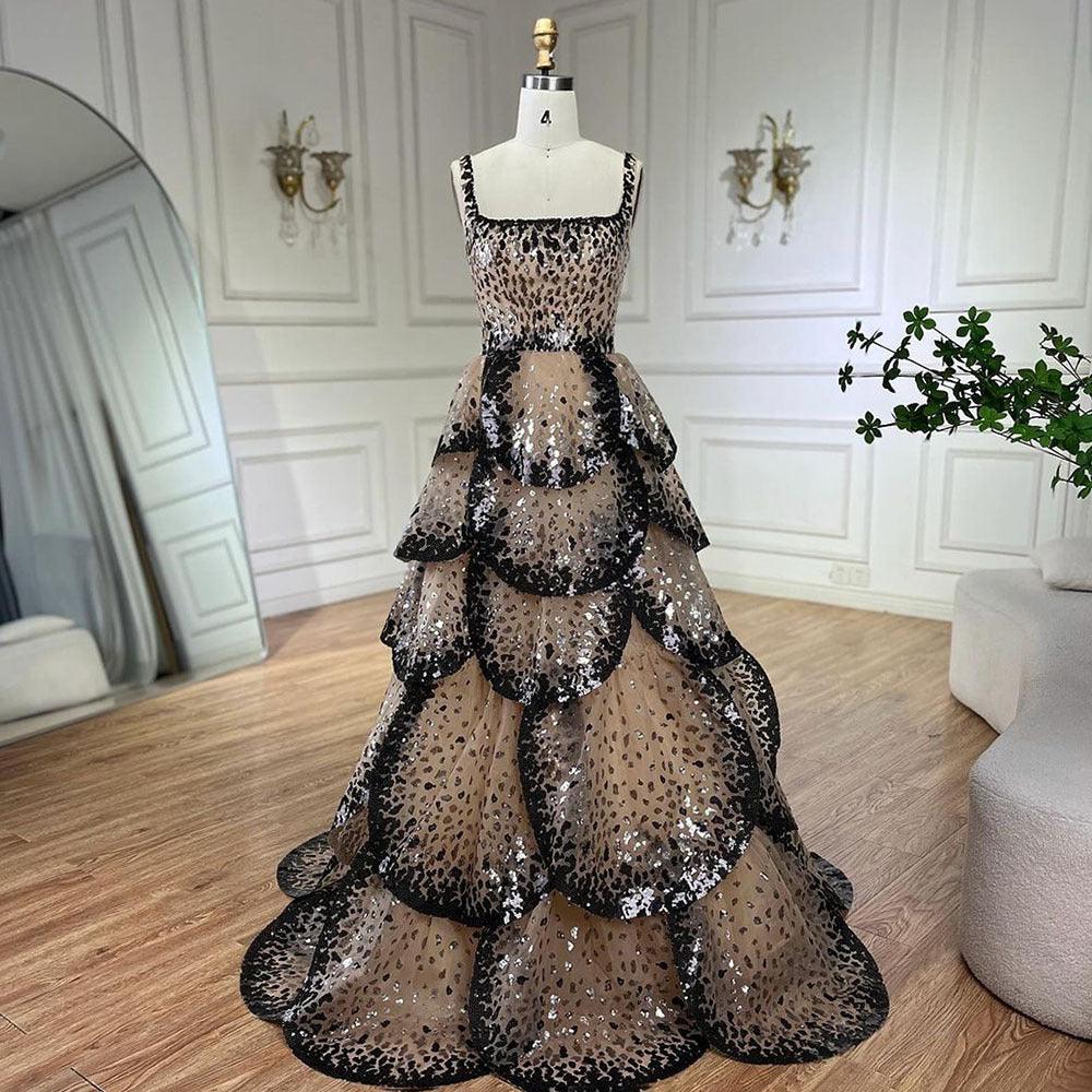 Black nude sequin tiered flanged halter dress