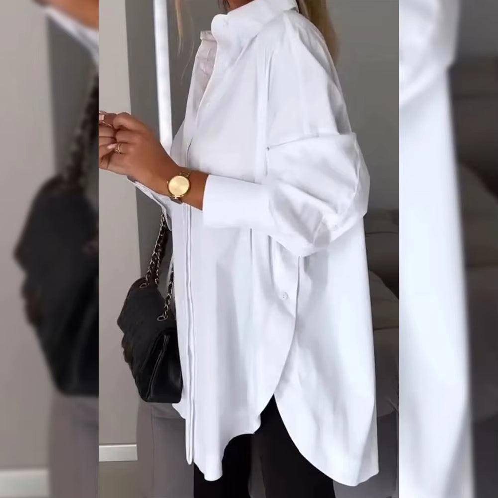 New Women'S Shirt Solid Color Casual Loose Breasted Shirt Elegant Asymmetrical Tops Tunic Solid Elegant Shirt