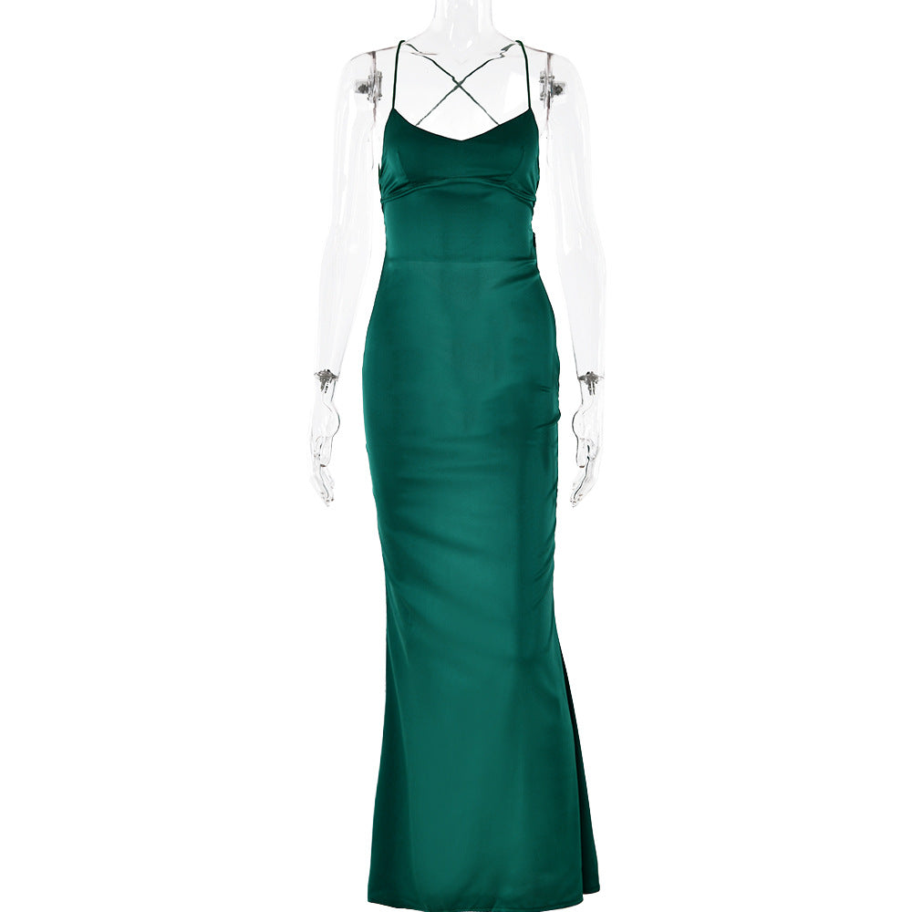 Women's ribbon satin dress fall new fashion halter strap waist full skirt