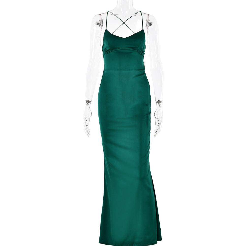 Women's  ribbon satin dress fall new fashion halter strap waist full skirt