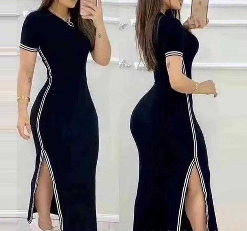 Womens DressesSummer Fashion Striped High Slit Casual O-Neck Short Sleeve Daily Skinny Maxi a Line Dress Woman Clothing