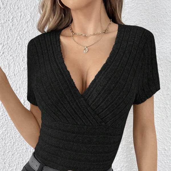 Women's V-neck Cross Wrapped Chest Design Ribbed