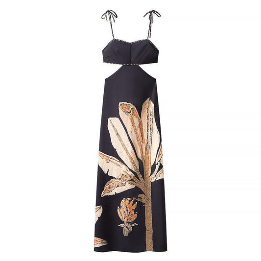 Slim-fit Black Midriff Outfit Backless Suspender Dress