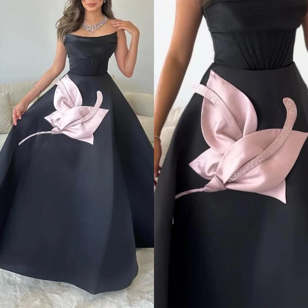 Exquisite Black Satin Evening Dress Temperament  Strapless Sleeveless