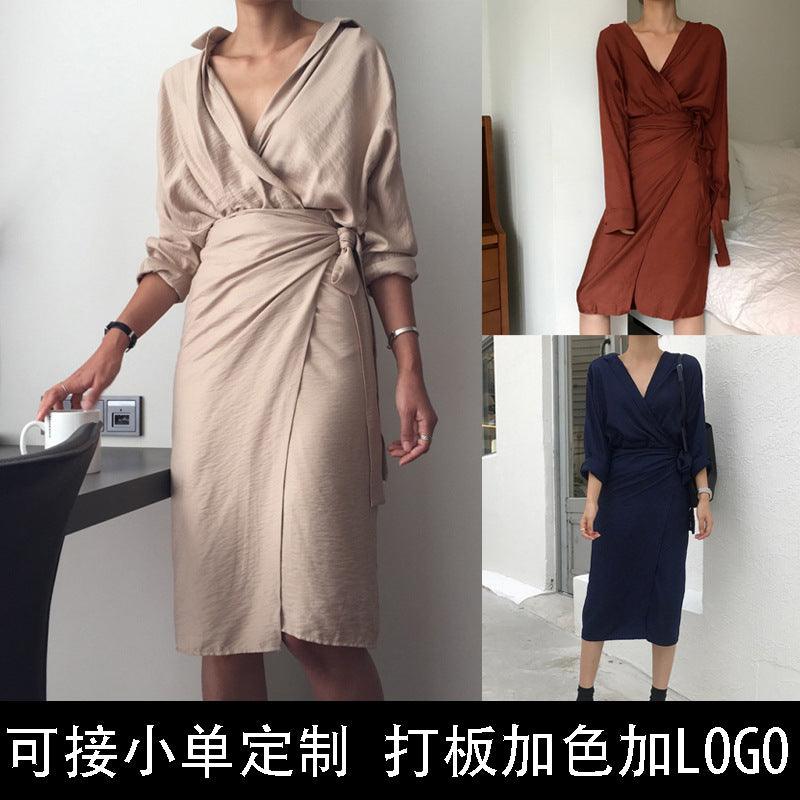 Women's irregular hip wrap strap V-neck long sleeve solid color dress