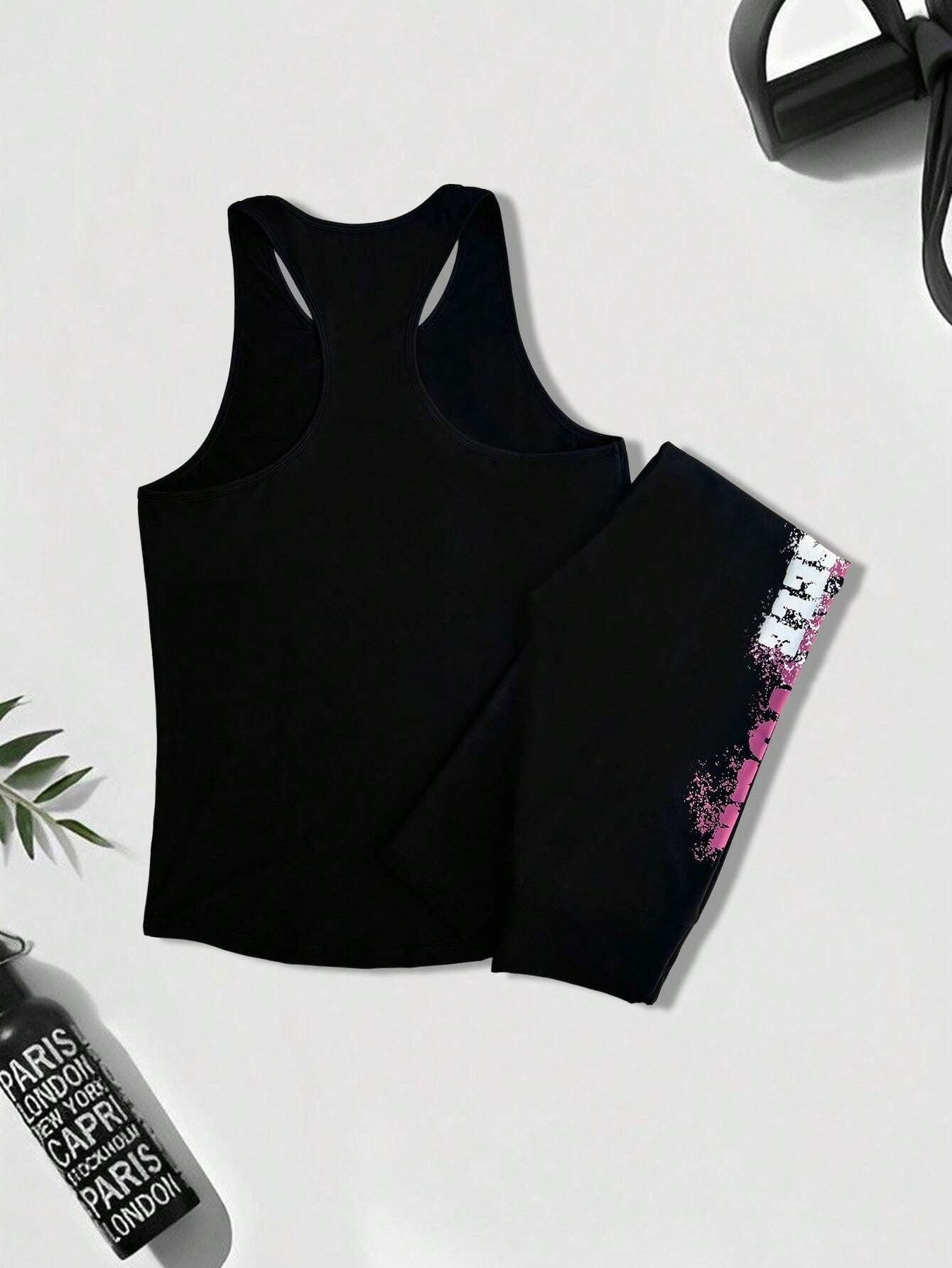 2Pcs Sports Set, Includes Car Style Top and Slogan Printed Leggings