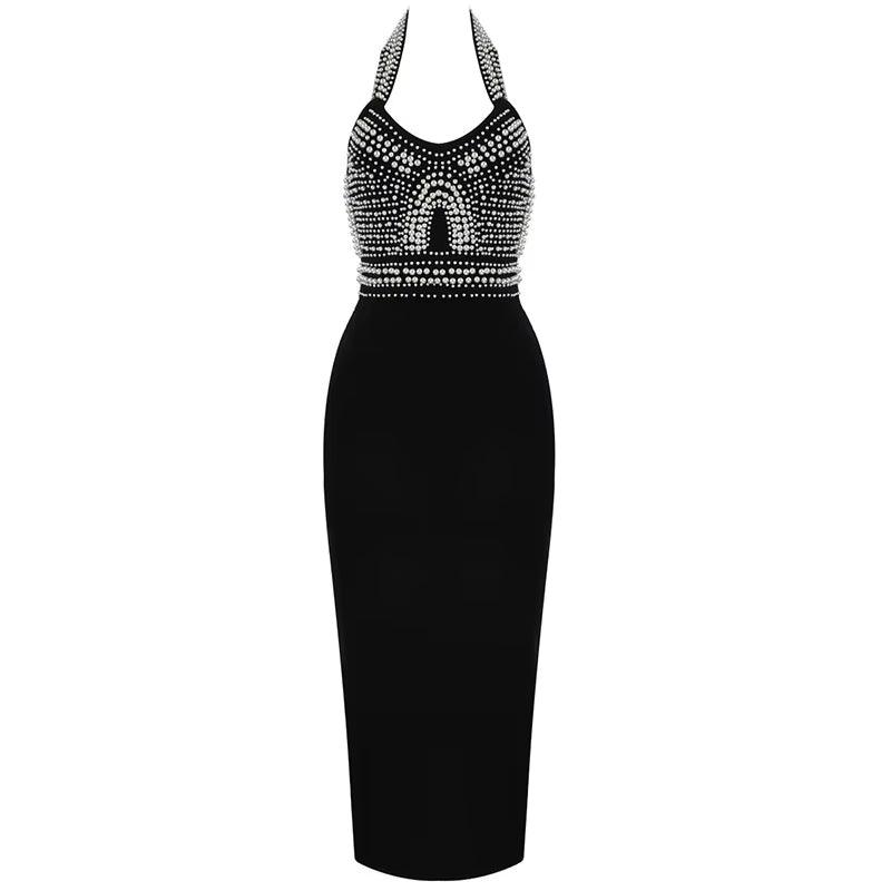 Elegant Black and White Sleeveless V-Neck Beaded Bandage Dress for Evening Events and Parties