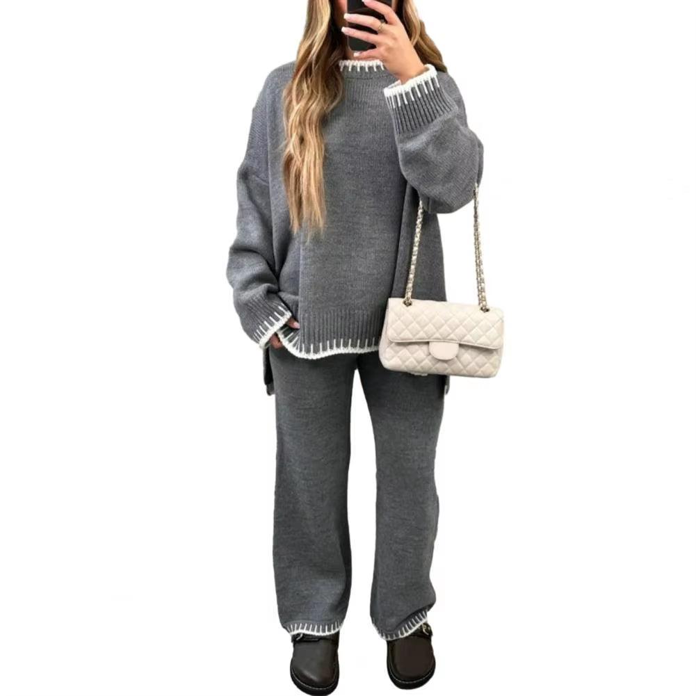 2023 Aliexpress Cross Border Long Sleeve Brown Temperament Wide Leg Pants Fashion Loose High Neck Casual Two Piece Sweater Set