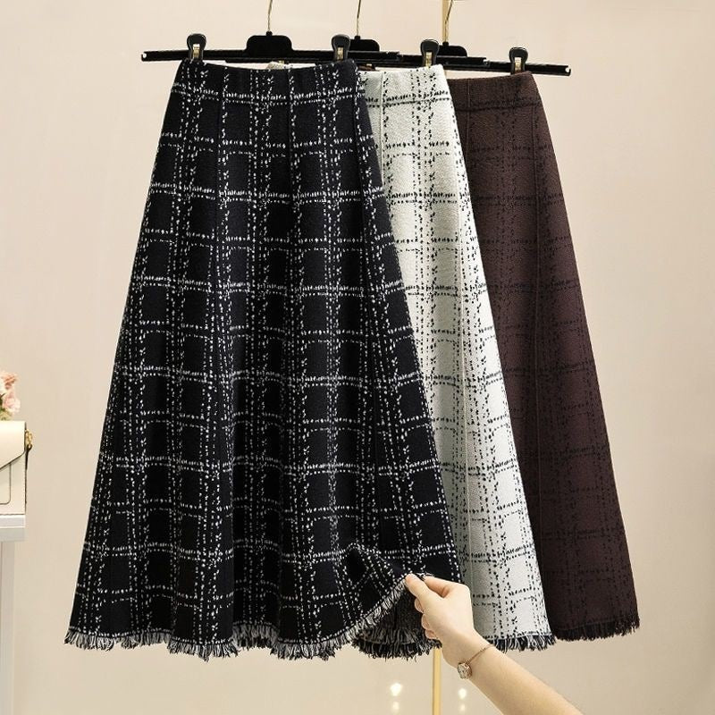 Fringed checkered skirt for women, high-waisted umbrella skirt