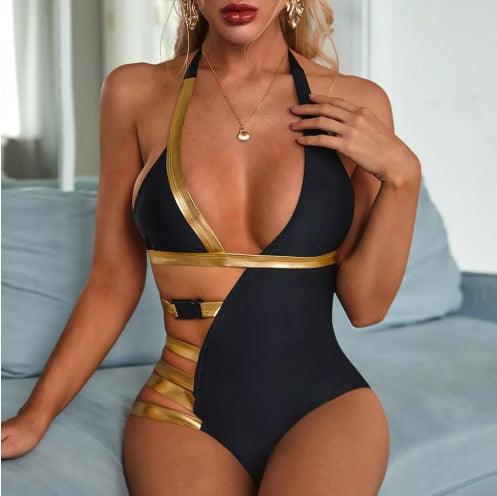One-piece Swimsuit Sexy Stitching Bandage Belt Buckle One-piece Bikini