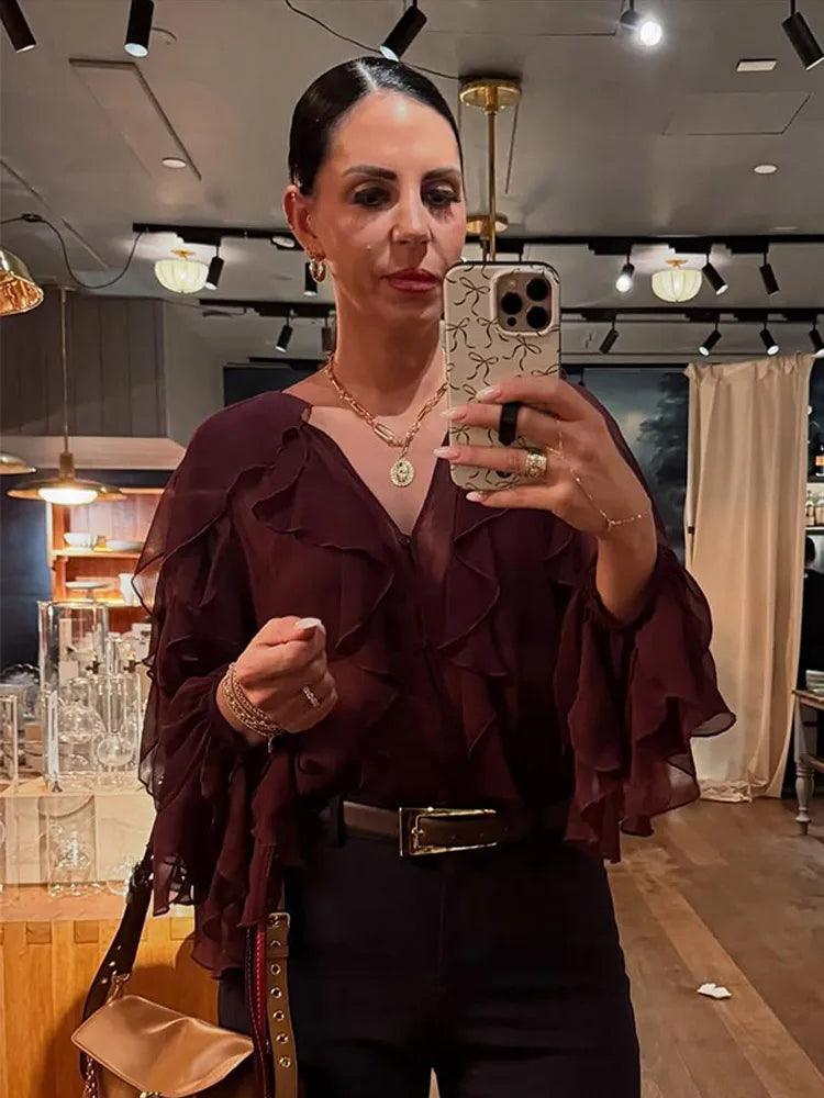 Women Ruffles Lace Up V-neck Top Female Street Tops