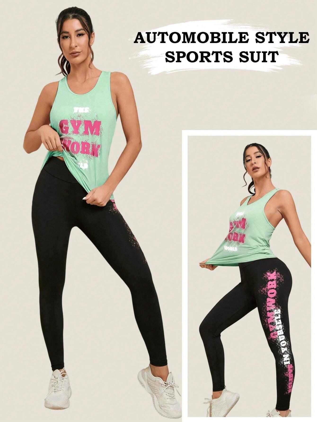 2Pcs Sports Set, Includes Car Style Top and Slogan Printed Leggings