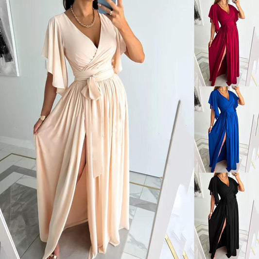 Elegant V-neck long sleeved pleated dress