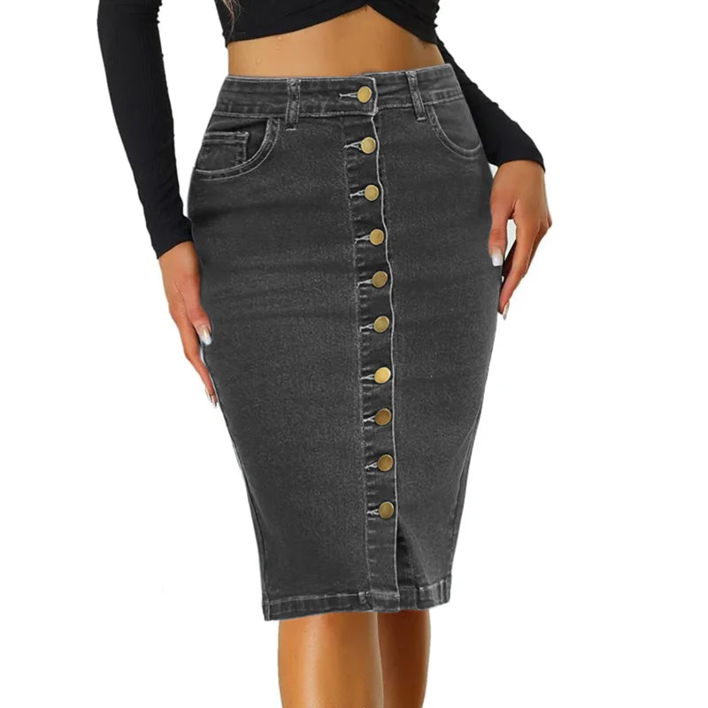 Benuynffy Streetwear Vintage Single Breasted Denim Skirt Women's