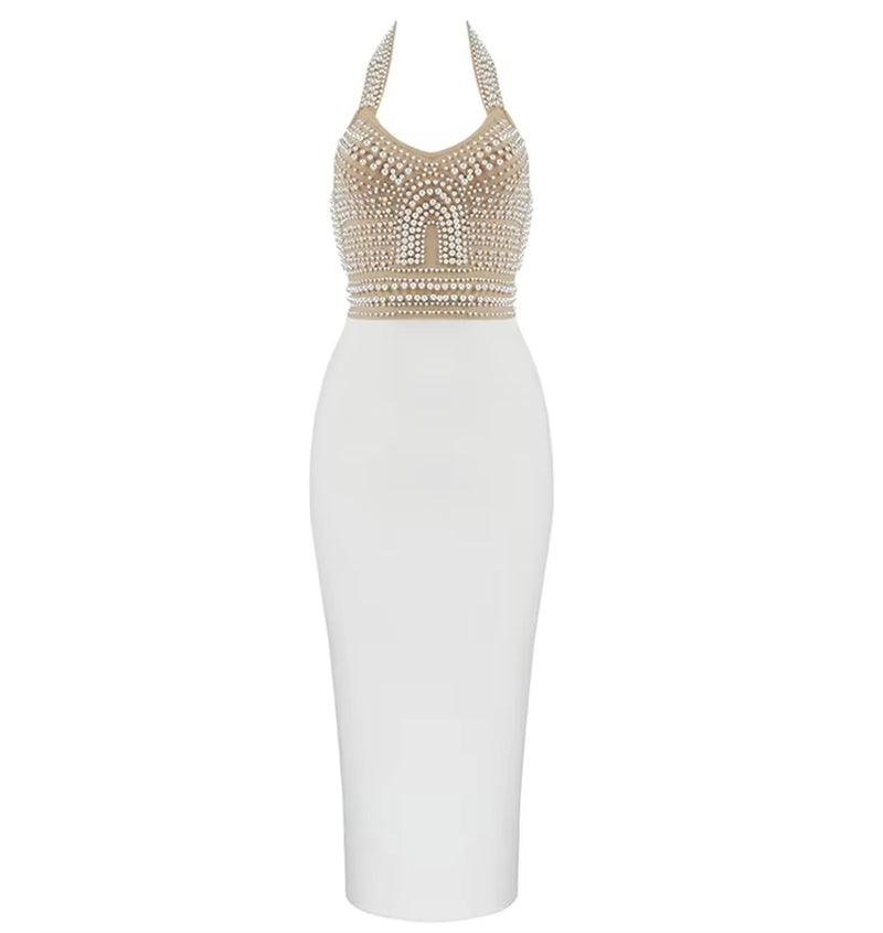 Elegant Black and White Sleeveless V-Neck Beaded Bandage Dress for Evening Events and Parties