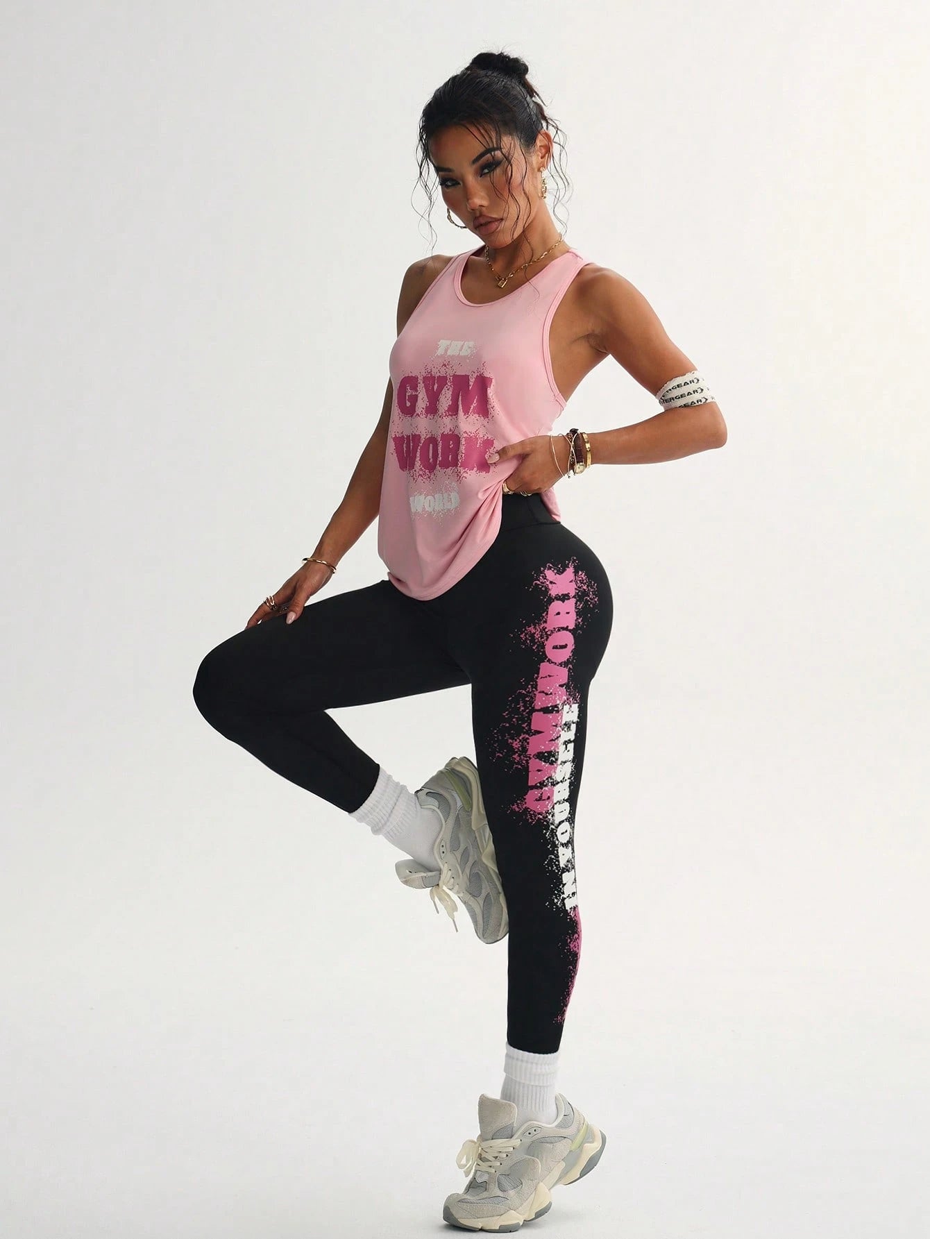 2Pcs Sports Set, Includes Car Style Top and Slogan Printed Leggings