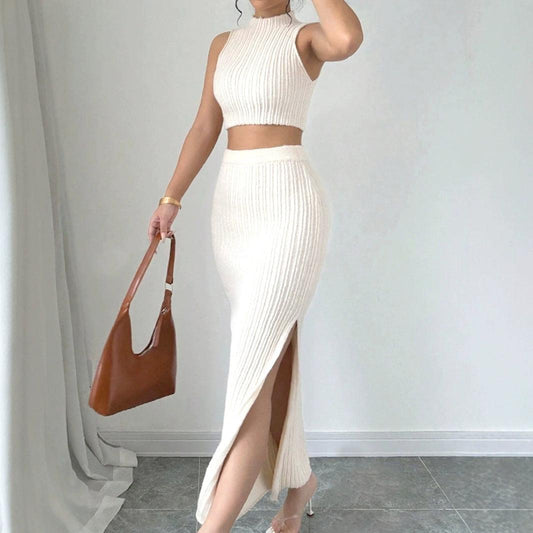 Knitted Sweater Round Neck Vest And Split Skirt Two-piece Set